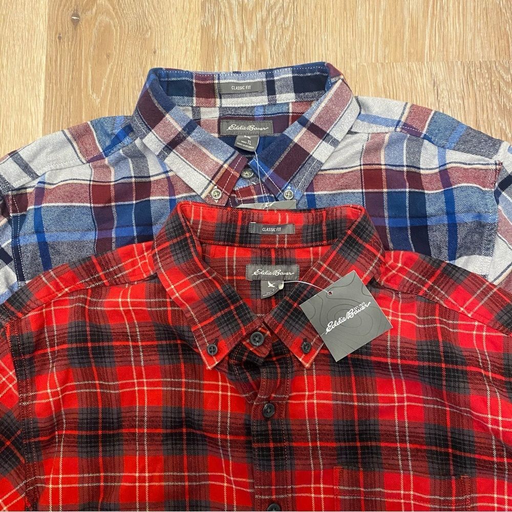 Lot of 2 NWT Eddie Bauer Classic Flannel Button Down Plaid Red Blue Large Tall